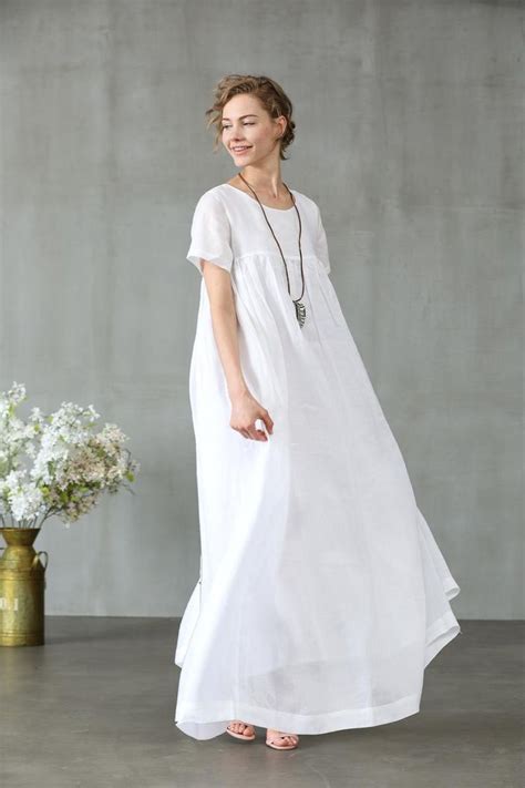 White Dress Linen Dress Maxi Dress Short Sleeve Dress Etsy In 2020