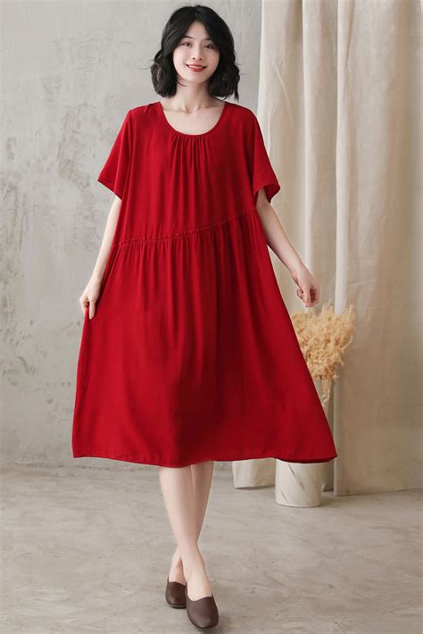 Red Summer Cotton Dress Plus Size Pleated Cotton Dress Etsy