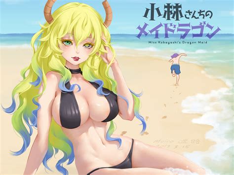 Beach Bicolored Eyes Bikini Blonde Hair Cropped Horns Kobayashi San Chi