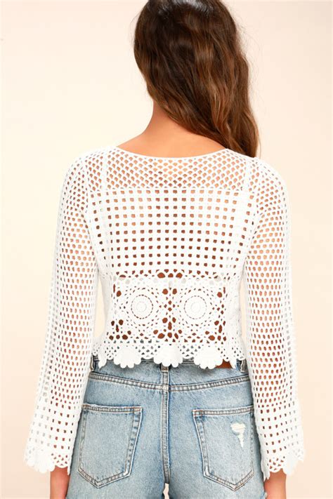 White Crochet Top Sheer Lace Top Long Sleeve Crop Top