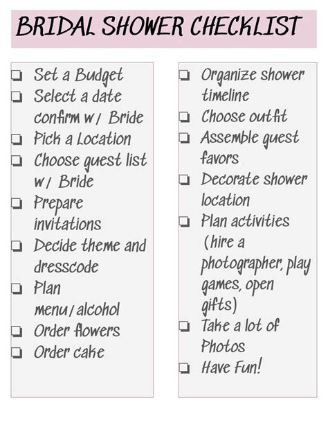 Bridal Shower Checklist Printable