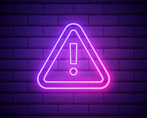Caution Neon Sign On Brick Wall Glowing Exclamation Mark Icon Warning