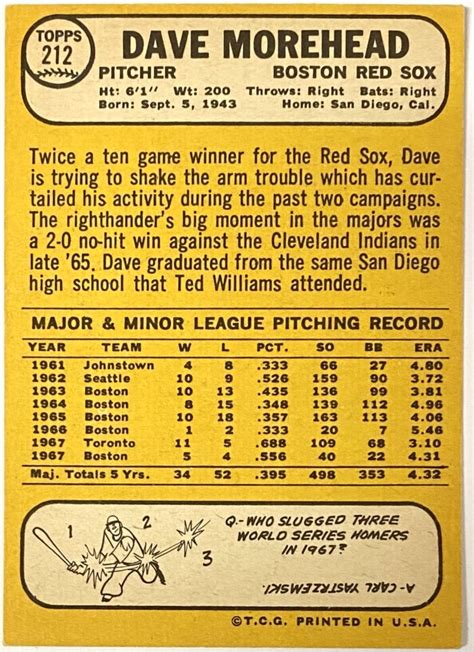 Dave Morehead 1968 Topps Boston Red Sox Baseball Card Kbk Sports