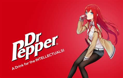 Even though the inclusion of dr.pepper. Wallpaper look, girl, red, background, blush, drink, sitting, anime, art, makise kurisu ...