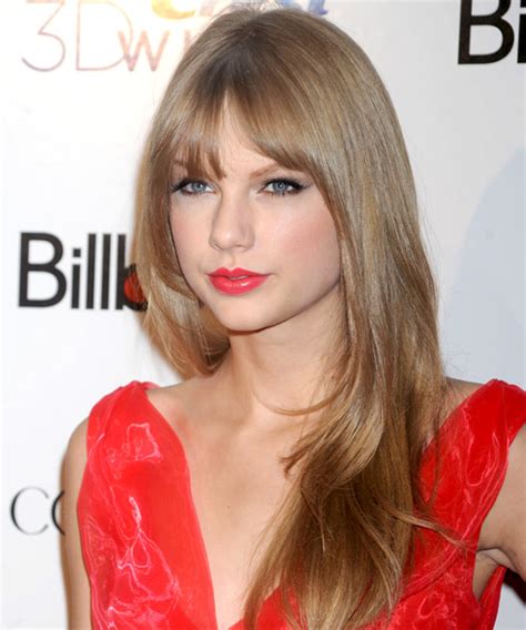 Taylor Swift Long Straight Light Caramel Brunette Hairstyle With Blunt