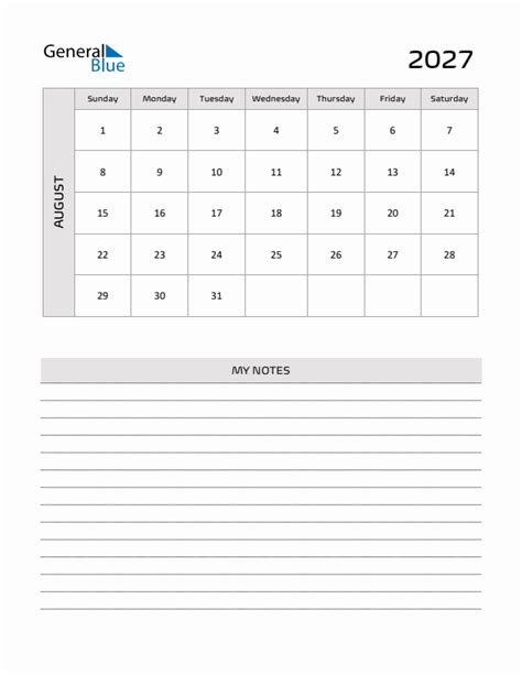 August 2027 Printable Monthly Calendar With Notes