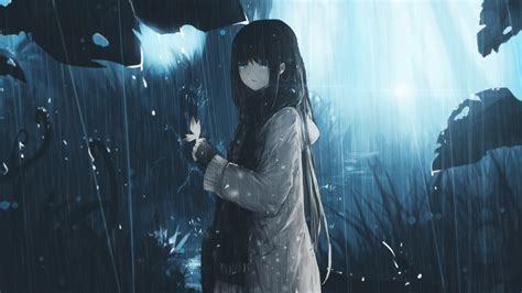 Desktop Wallpaper Blue Eye Anime Girl Long Hair Rain