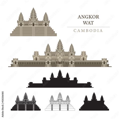Angkor Wat Cambodia Objects Colourful Silhouette And Line เวกเตอร์
