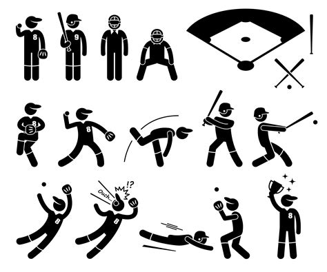 Baseball Player Actions Poses Stick Figure Pictogram Icons