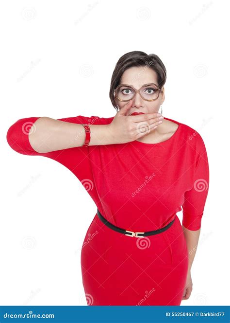 Plus Size Woman In Glasses Covering Her Mouth With Hand Isolated Stock