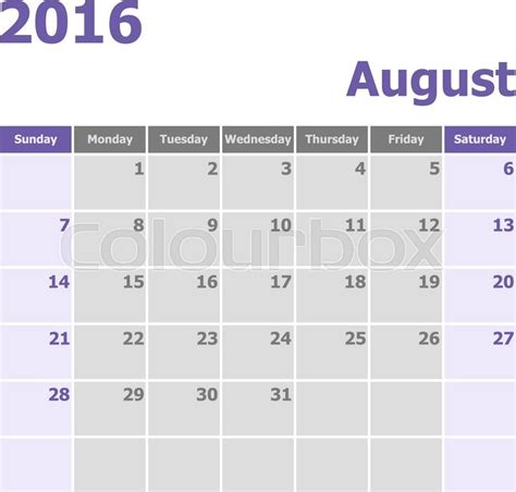Calendar August 2016 Week Starts From Stock Vector Colourbox