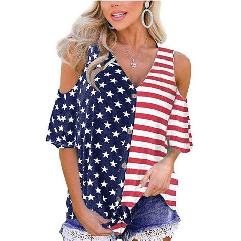 Womens 4th Of July Cold Shoulder Tops Stars Striped Flag Front Cross