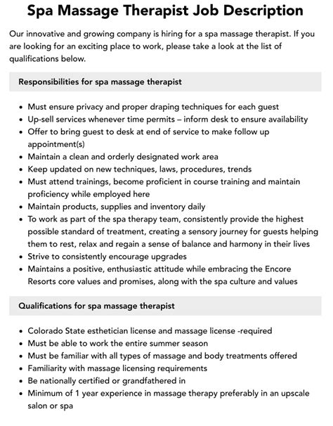 Spa Massage Therapist Job Description Velvet Jobs
