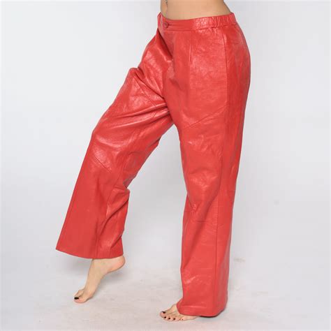 80s Leather Pants Red Leather Pants Straight Wide Leg High Waisted
