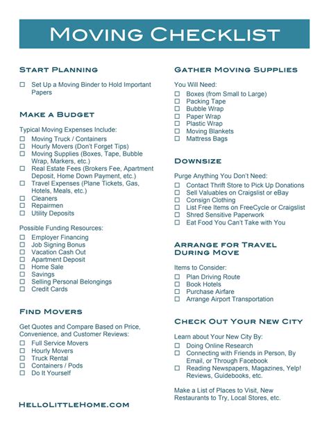 Printable Checklist For Moving House