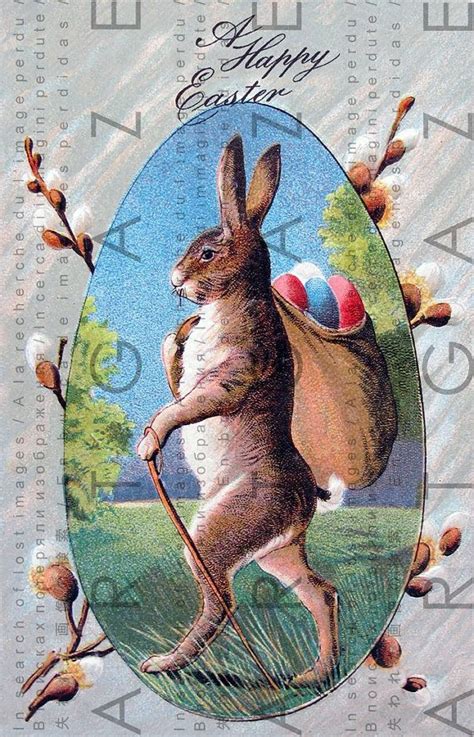 Rabbit And Colorful Easter Eggs Printable Easter Card Victorian Etsy