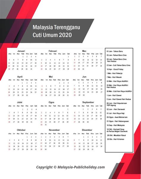 Terengganu Cuti Umum Kalendar 2020