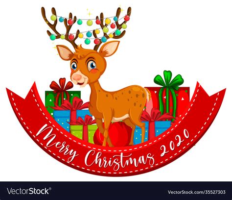 Merry Christmas 2020 Font Banner With Reindeer Vector Image