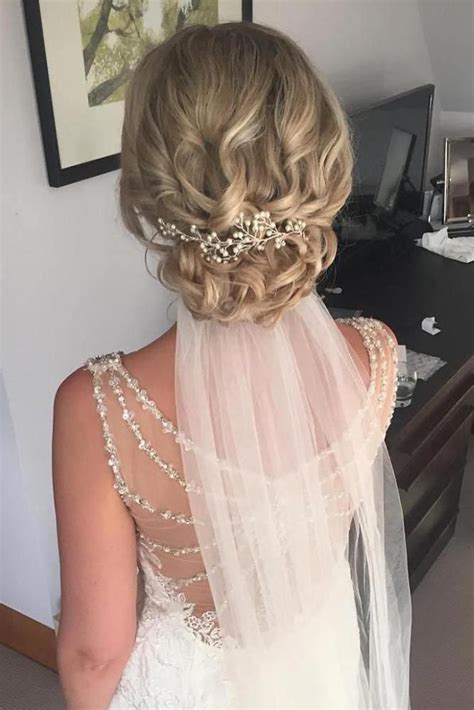 Wedding Hairstyles With Veil On Blonde Bridal Hair With Low Curly Updo Jojohicksmua Via