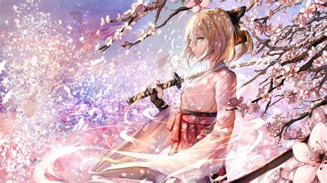 Woman Anime Character Wielding A Sword Wearing Kimono Under Serakura