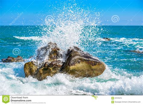 Large Wave Crash Against The Rocks At The Beach Stock Image Image Of Forming Rock 87979375