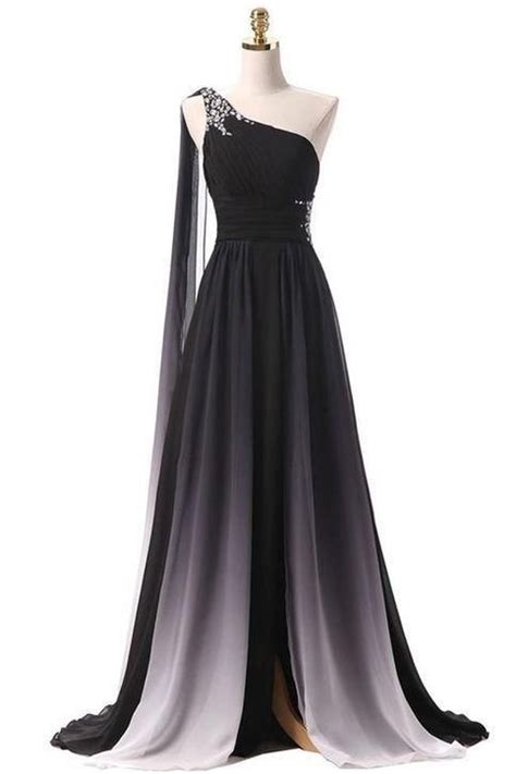 Black Prom Dress Ombre Chiffon One Shoulder Party Dress Long Evening