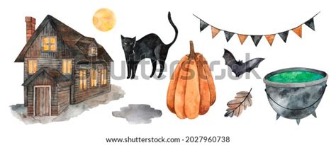 Watercolor Set Drawings Halloween Witchs House ภาพประกอบสต็อก