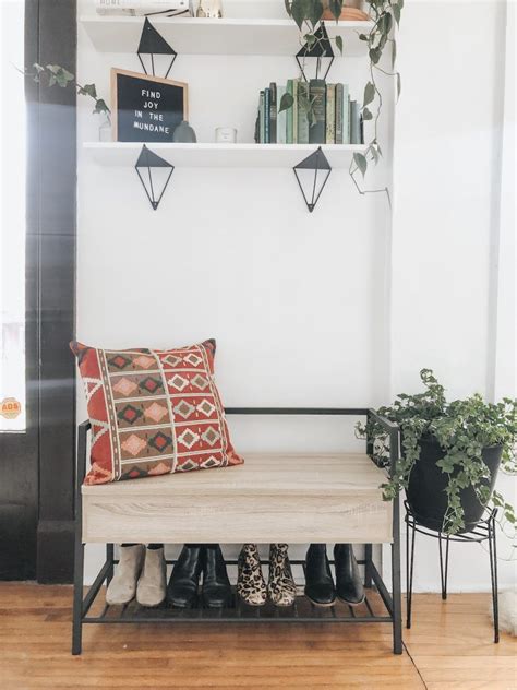 Each rack is made from scratch and rust resistant metal, and the faux leather two shelves allow for shoe storage, while the umbrella stand on the side lets you be ready for wet weather. Modern shoe storage bench in entryway | Dark wood table ...