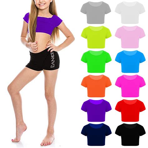 New Girls Kids Plain Short Sleeve Stretch Summer Tee T Shirt Crop Top 3