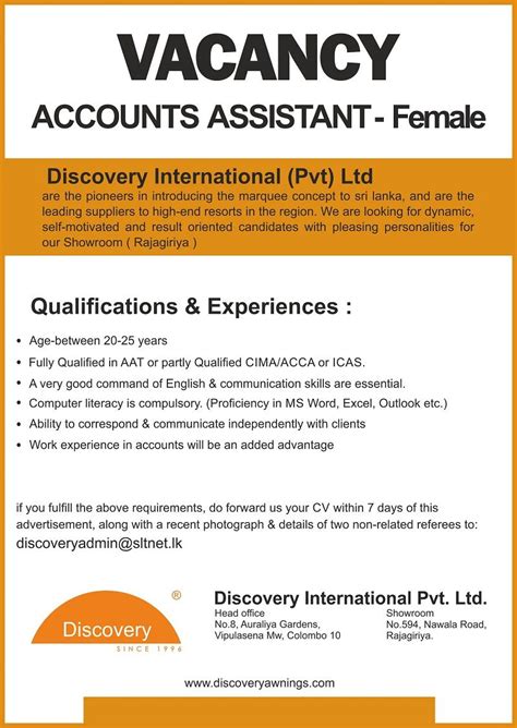 Jump to the top 50 jobs in demand. Female Accounts Assistant at Discovery International (Pvt ...