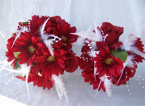 Wedding Bouquet Red Roses And Gerbera Daisies White Feathers 6