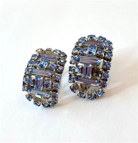 Vintage Light Blue Rhinestone Earrings S Silver Etsy