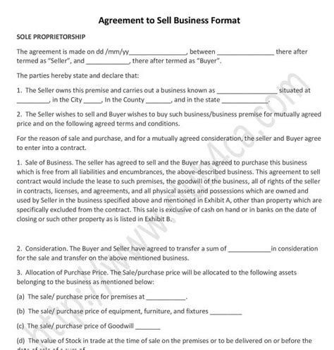 Agreement For Sale Of Business Sole Proprietorship In India Business