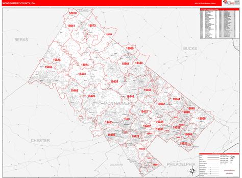 Montgomery County Pa Zip Code Wall Map Red Line Style By Marketmaps
