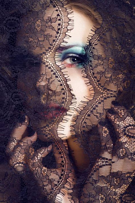 Portrait Of Beauty Young Woman Through Lace Close Up Mistery Mak Stock
