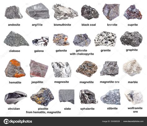 Set Various Gray Unpolished Minerals Names Graphite Stibnite Marble