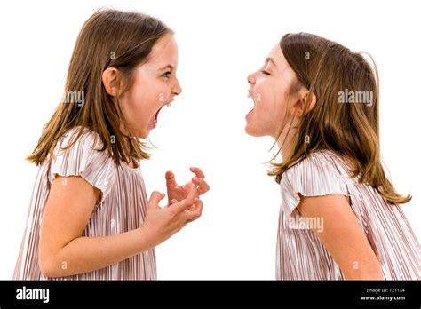 Identical Twin Girls Sisters Are Arguing Yelling At Each Other Angry