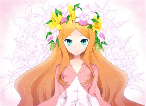 2560x1080 resolution orange haired female anime character with flower headdress hd wallpaper