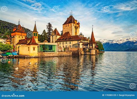 Amazing Oberhofen Castle On Lake Thun Switzerland Stock Image