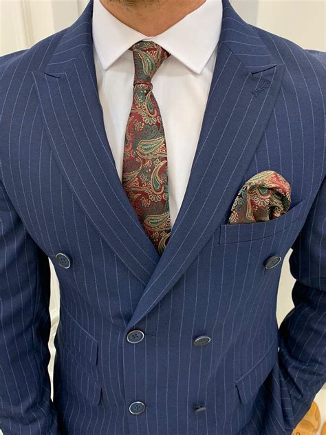 buy navy blue slim fit double breasted pinstripe suit bespokedailyshop