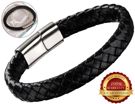 Faux Leather Bracelet Mens Wristband Hand Rope Clasp Black Stainless