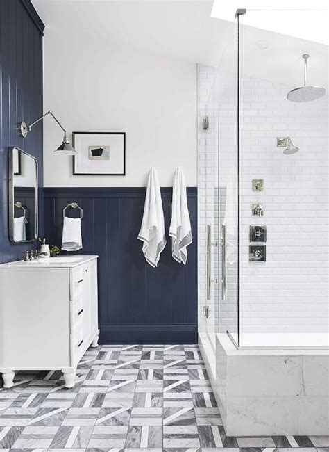 White And Blue Bathroom With Blue Shiplap Trim Transitional Bathroom