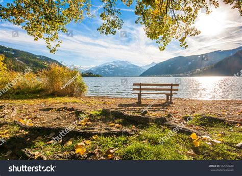 Beautiful Autumn Scene Park Bench Mountain Stock Photo