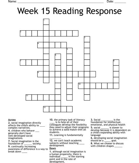 Week 15 Reading Response Crossword Wordmint