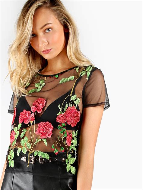 Shop Rose Embroidered Sheer Mesh Top Online Shein Offers Rose