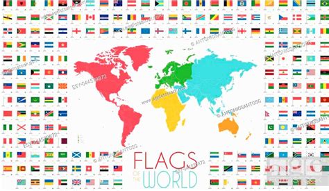 204 World Flags With World Map By Continents Vector Illustration Stock