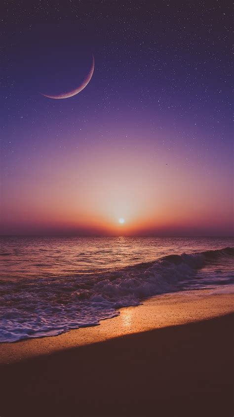 Ocean Beach Sunset Horizon Moon Iphone Wallpaper Iphone Wallpapers