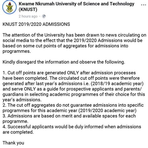 Knust Dear Fresher Here’s An Update On The 2019 2020 Admissions Thriller News Gh