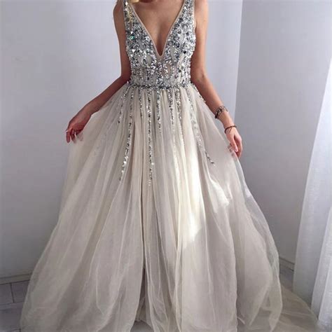 Sexy Beaded V Neck Sparkly Slit Prom Dresses 2019 Backless Party Dress