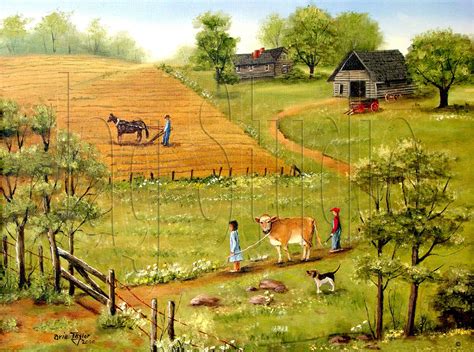 Primitive Country Folk Art Print Cow Landscape Barb Wire Etsy Farm